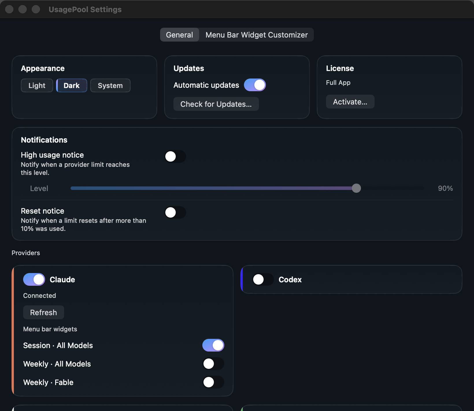 General settings on a Full license, with appearance, updates, licensing, notifications and providers. Example readings.