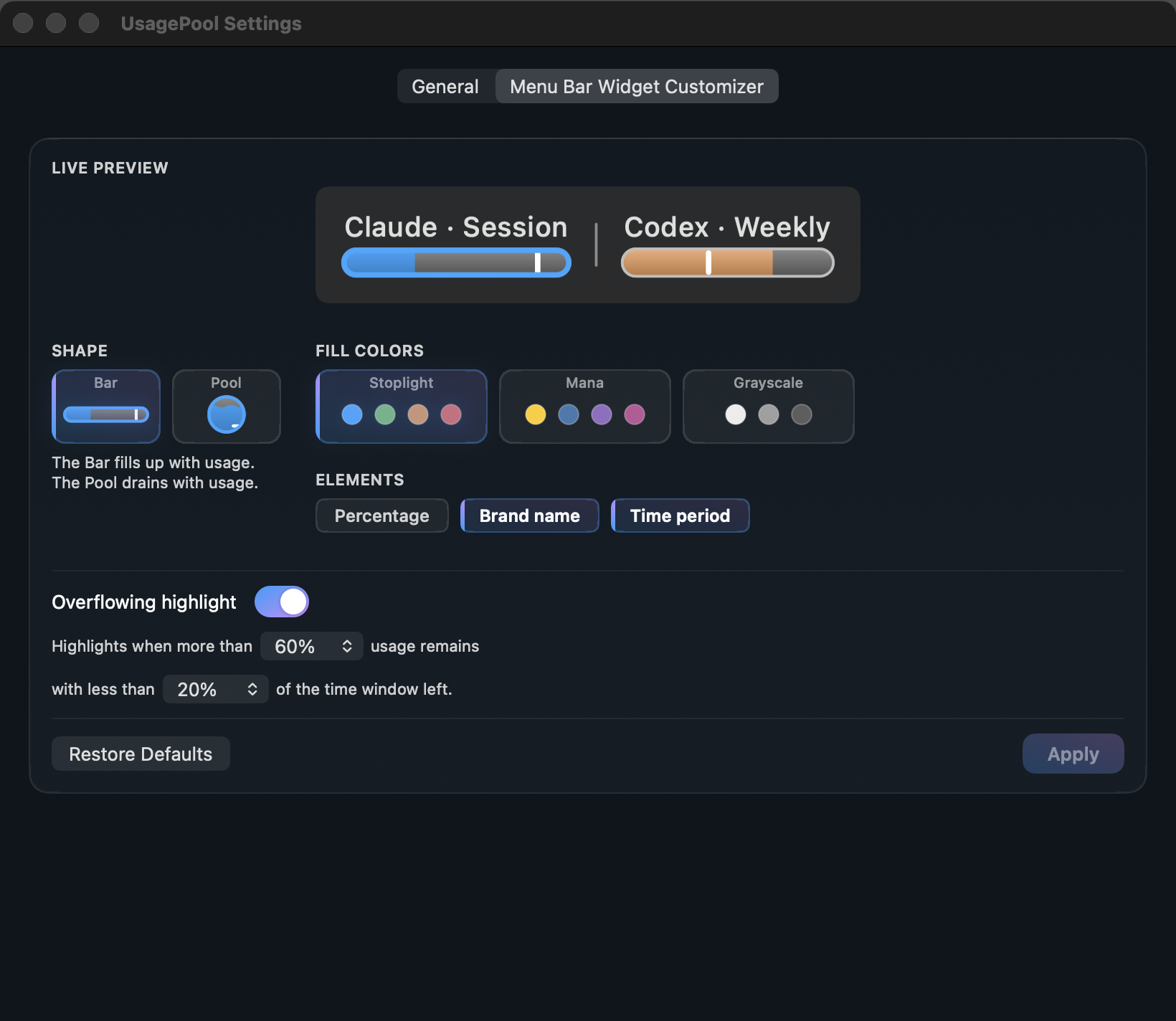 The paid Menu Bar Widget Customizer, with shape, colors, elements and overflow percentage selectors. Example readings.